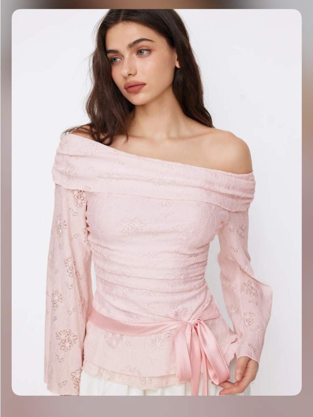 Cider LACE OFF-SHOULDER FLORAL KNOTTED RUCHED LONG SLEEVE TOP CR10-10 XL